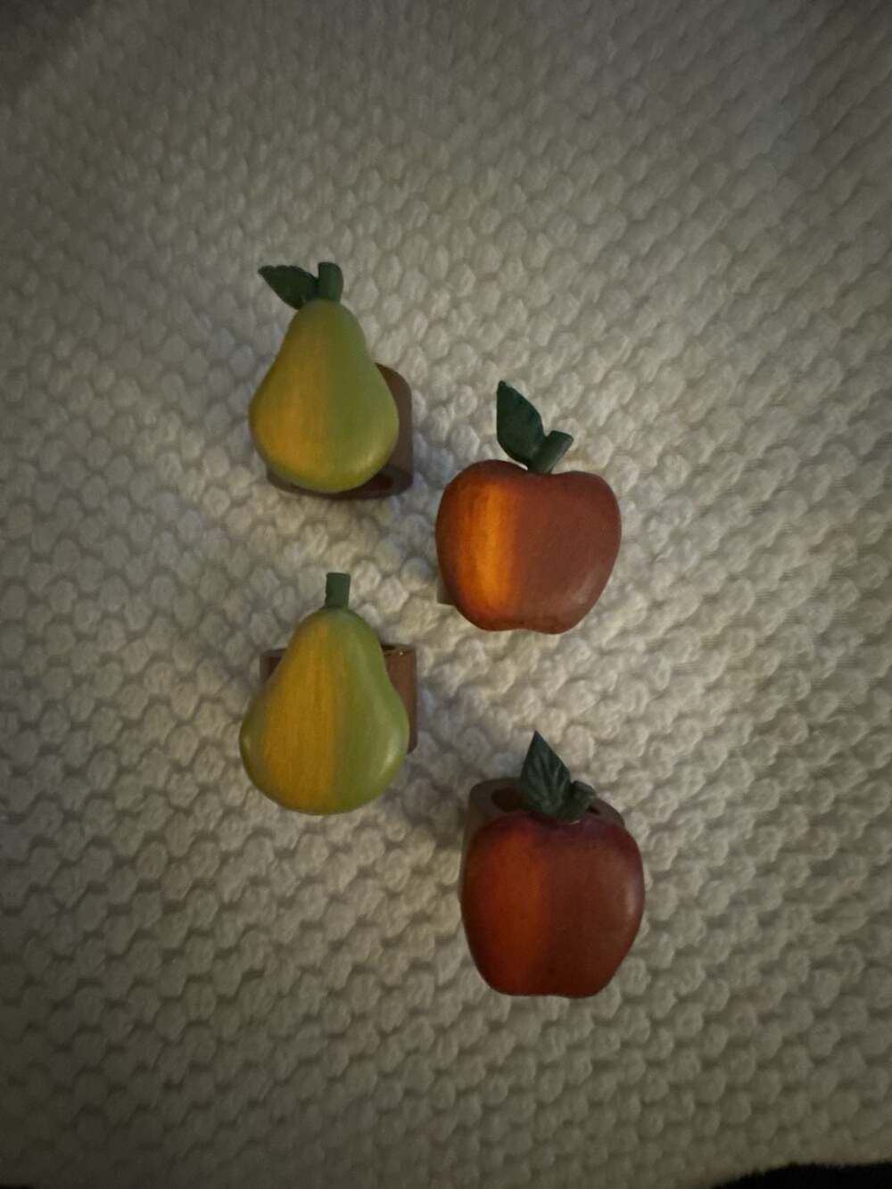 Set of 4 Hand-Carved Wood Fruit Napkin Rings Apples and Pears Rustic Cottagecore